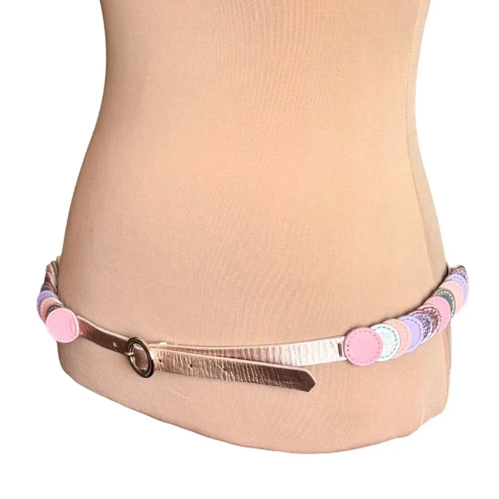 Vintage Cole Haan Slim Metallic Leather Belt Sz L Rose Gold Round Accents 90s
